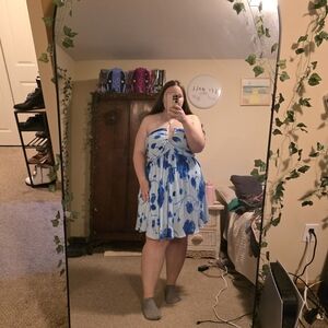 Blue and White Floral Strapless Dress